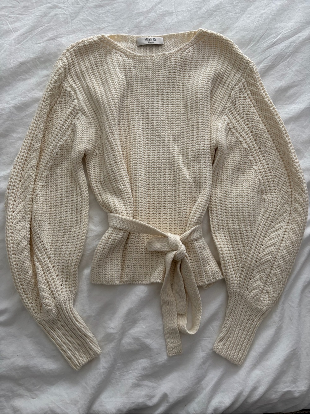 Sea New York Quiet Luxury Cream Tie-Waist Balloon Sleeve Sweater